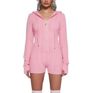Dolls Kill Women's Pink Intarsia Cable Knit Zipper Romper Size M